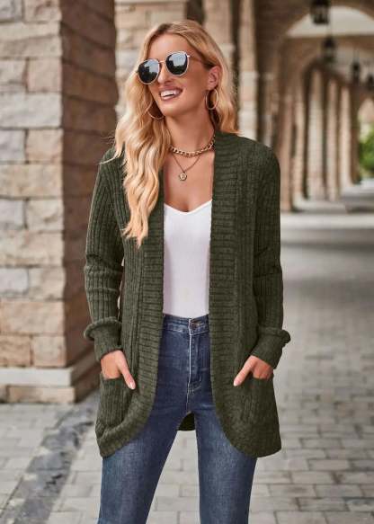 Sweater Cardigans- Cozy Textured Ribbed Shawl Collar Cardigan for Women- - Chuzko Women Clothing