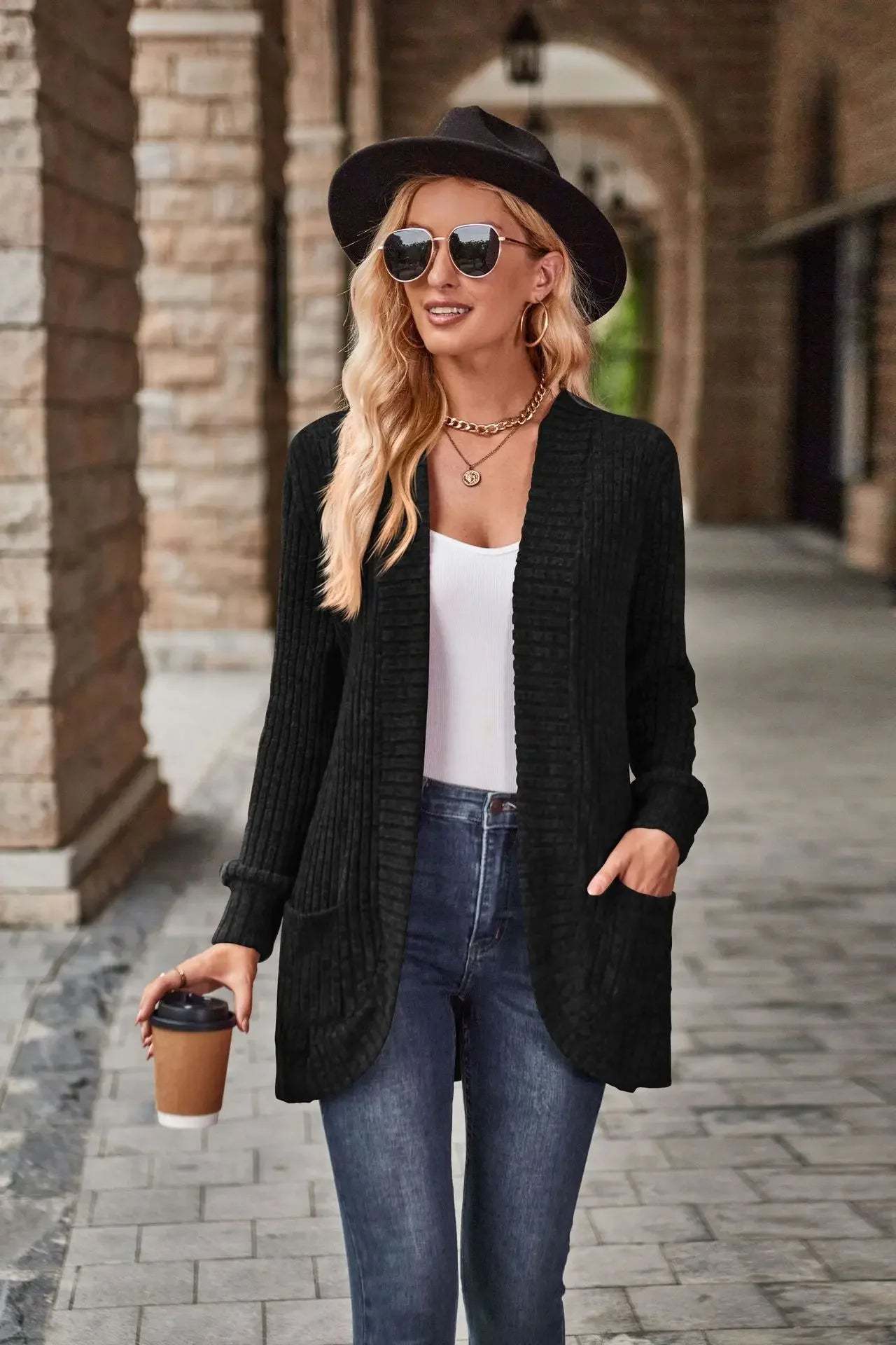 Sweater Cardigans- Cozy Textured Ribbed Shawl Collar Cardigan for Women- - Chuzko Women Clothing