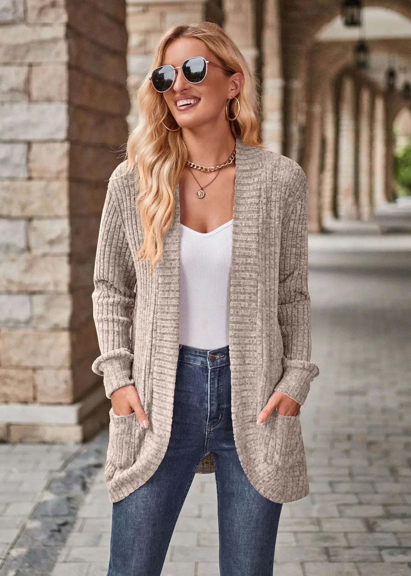 Sweater Cardigans- Cozy Textured Ribbed Shawl Collar Cardigan for Women- - Chuzko Women Clothing