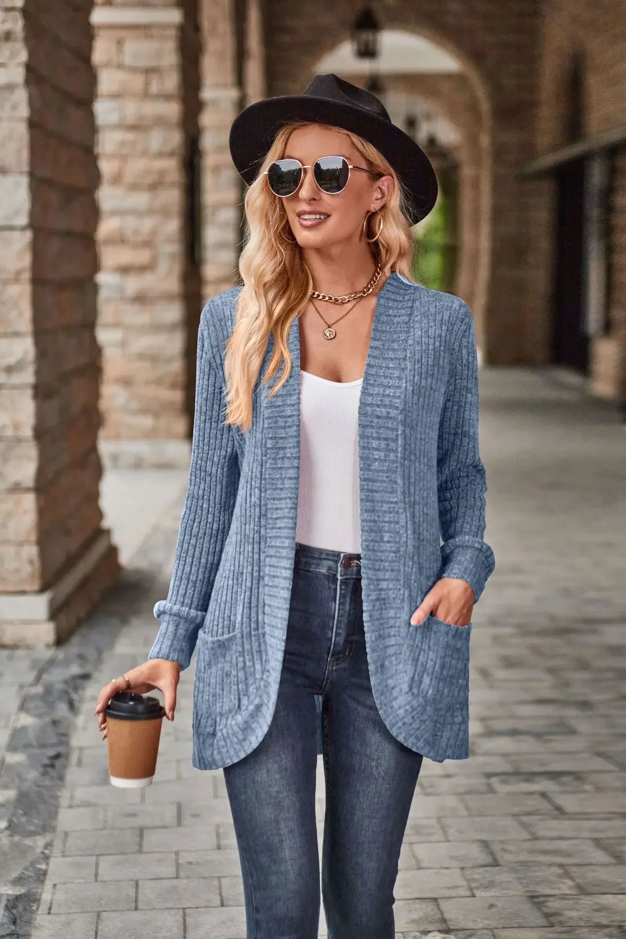 Sweater Cardigans- Cozy Textured Ribbed Shawl Collar Cardigan for Women- - Chuzko Women Clothing