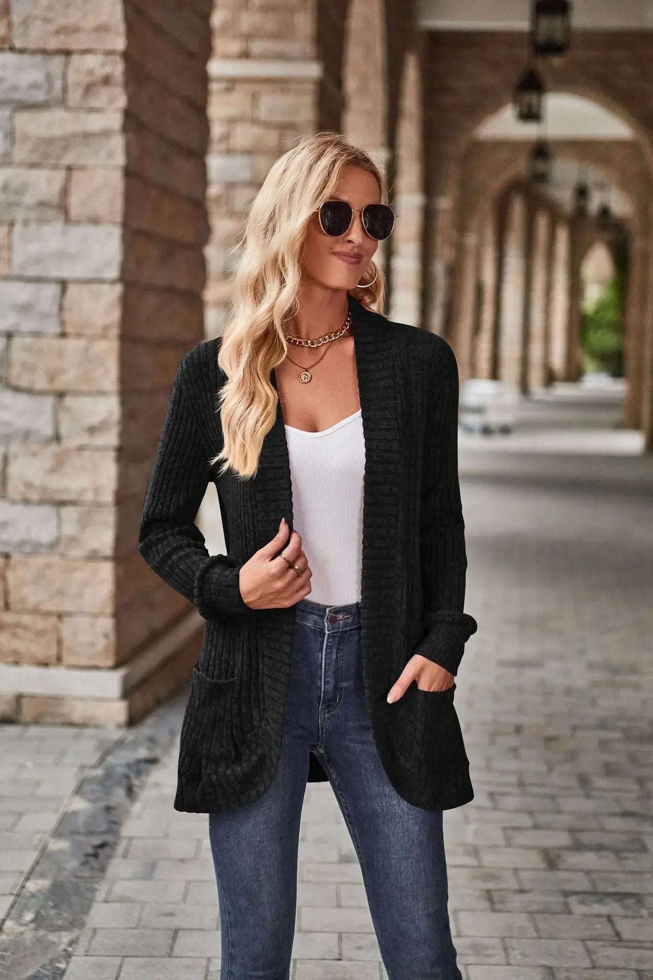 Sweater Cardigans- Cozy Textured Ribbed Shawl Collar Cardigan for Women- - Chuzko Women Clothing