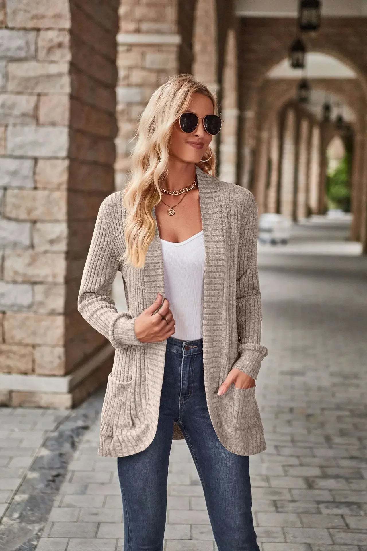 Sweater Cardigans- Cozy Textured Ribbed Shawl Collar Cardigan for Women- - Chuzko Women Clothing