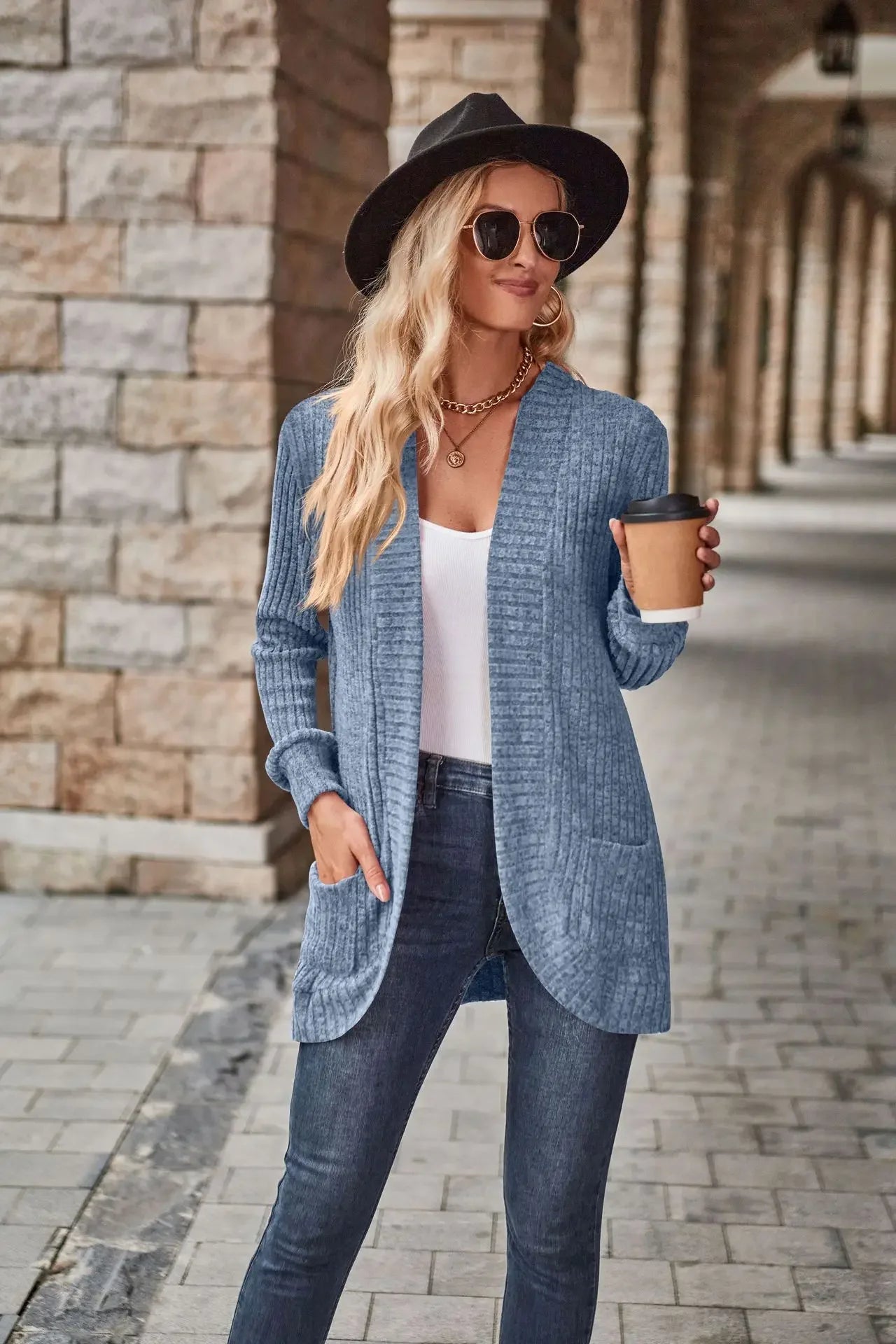 Sweater Cardigans- Cozy Textured Ribbed Shawl Collar Cardigan for Women- - Chuzko Women Clothing