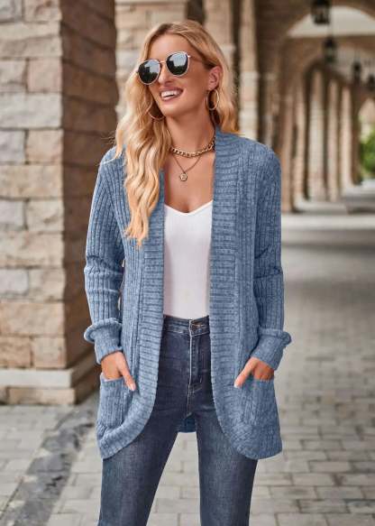 Sweater Cardigans- Cozy Textured Ribbed Shawl Collar Cardigan for Women- - Chuzko Women Clothing