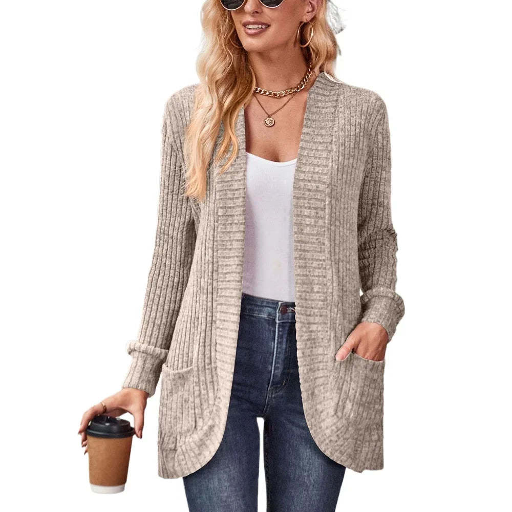 Sweater Cardigans- Cozy Textured Ribbed Shawl Collar Cardigan for Women- - Chuzko Women Clothing