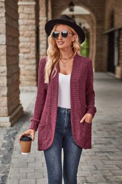 Sweater Cardigans- Cozy Textured Ribbed Shawl Collar Cardigan for Women- - Chuzko Women Clothing