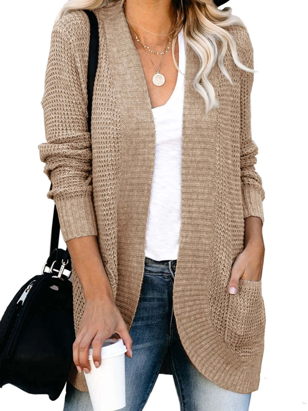 Sweater Cardigans- Cozy Waffle Knit Shawl Collar Cardigan for Women- - Chuzko Women Clothing