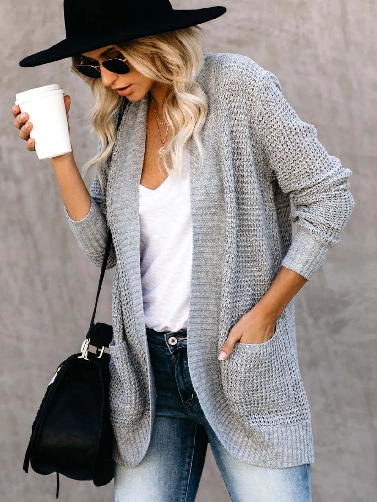 Sweater Cardigans- Cozy Waffle Knit Shawl Collar Cardigan for Women- Gray- Chuzko Women Clothing