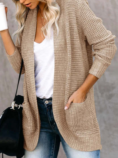 Sweater Cardigans- Cozy Waffle Knit Shawl Collar Cardigan for Women- Khaki- Chuzko Women Clothing