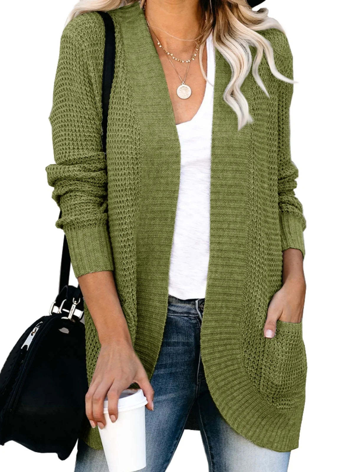 Sweater Cardigans- Cozy Waffle Knit Shawl Collar Cardigan for Women- - Chuzko Women Clothing