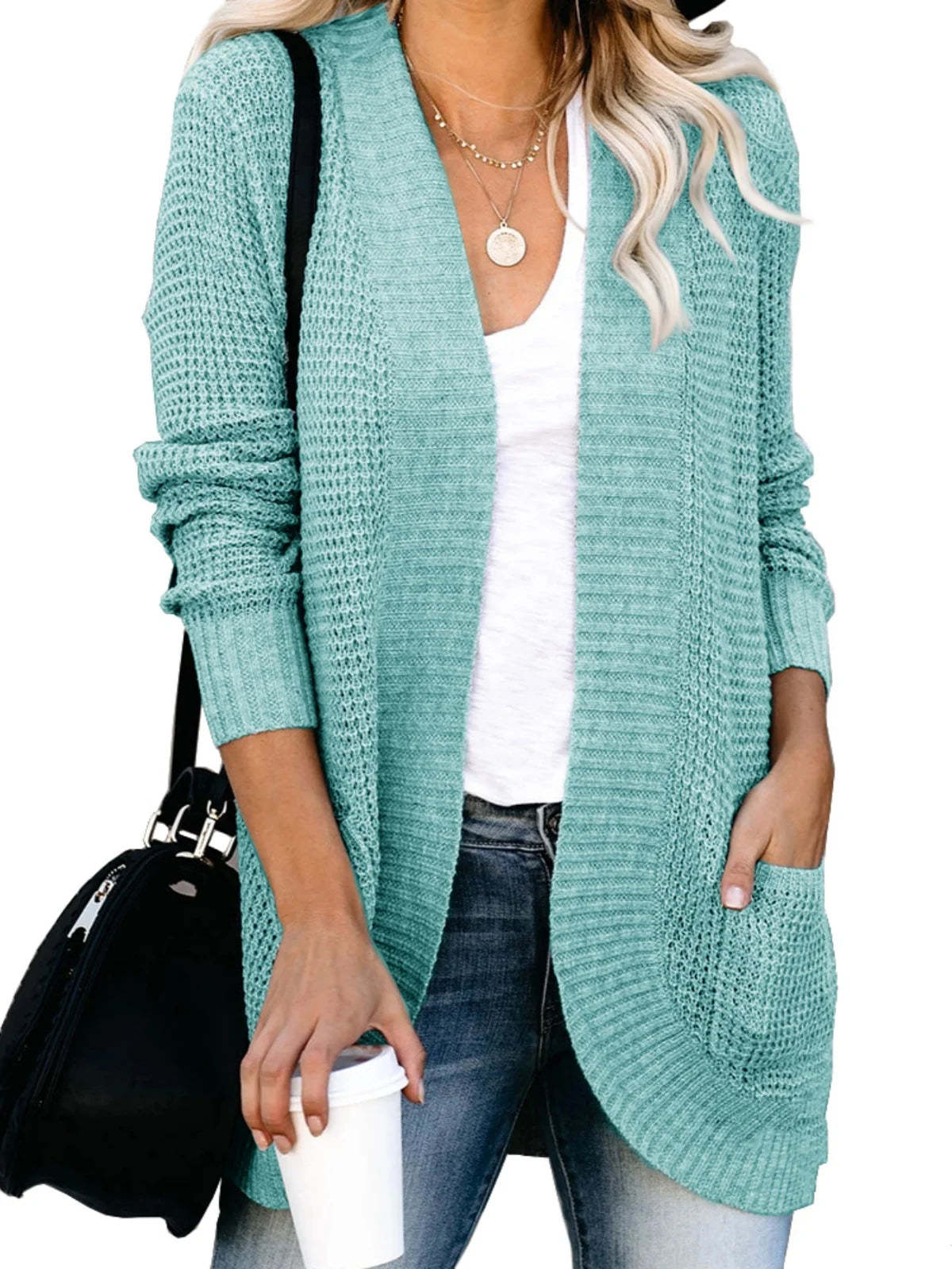 Sweater Cardigans- Cozy Waffle Knit Shawl Collar Cardigan for Women- - Chuzko Women Clothing