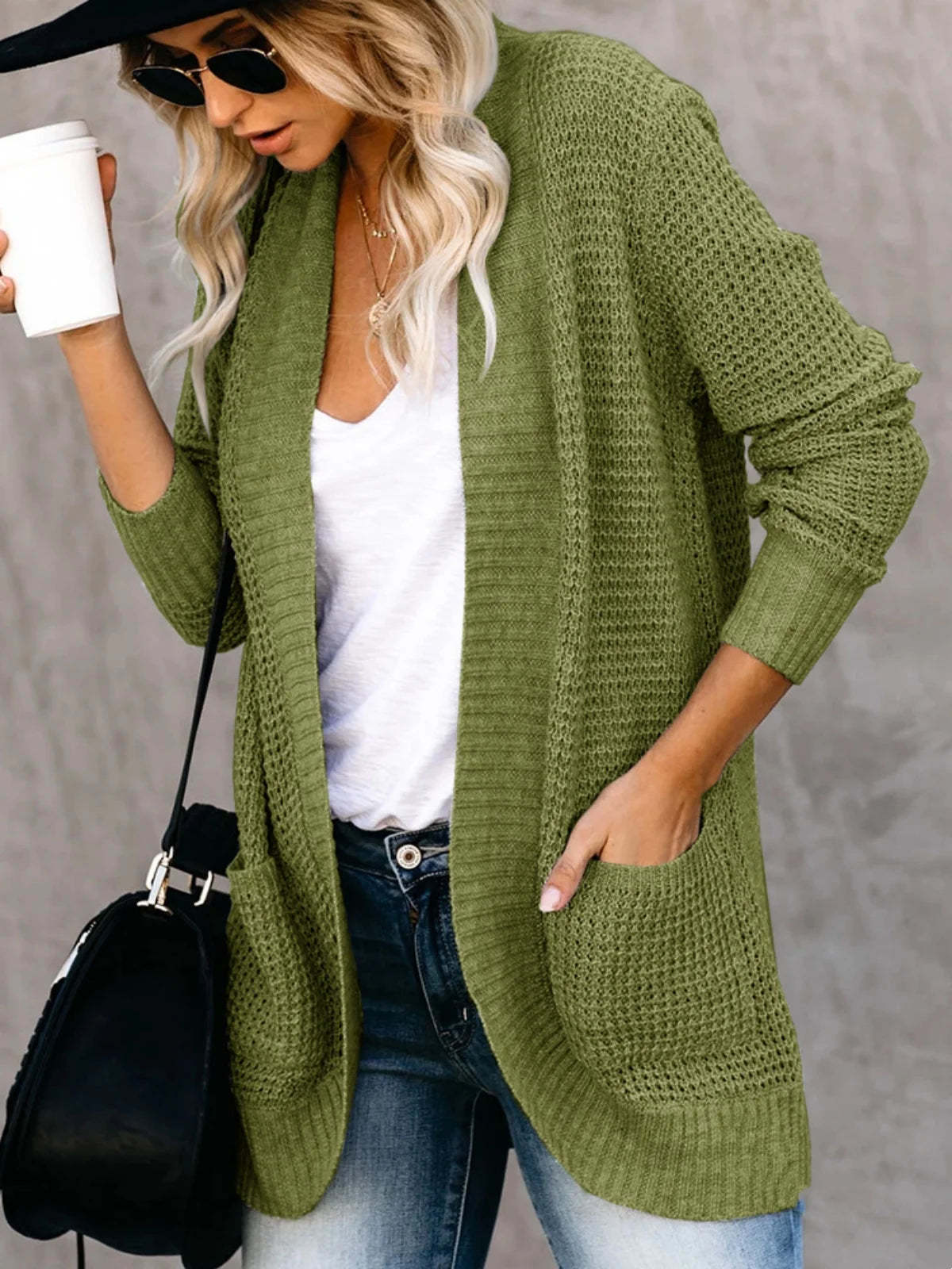 Sweater Cardigans- Cozy Waffle Knit Shawl Collar Cardigan for Women- Green- Chuzko Women Clothing