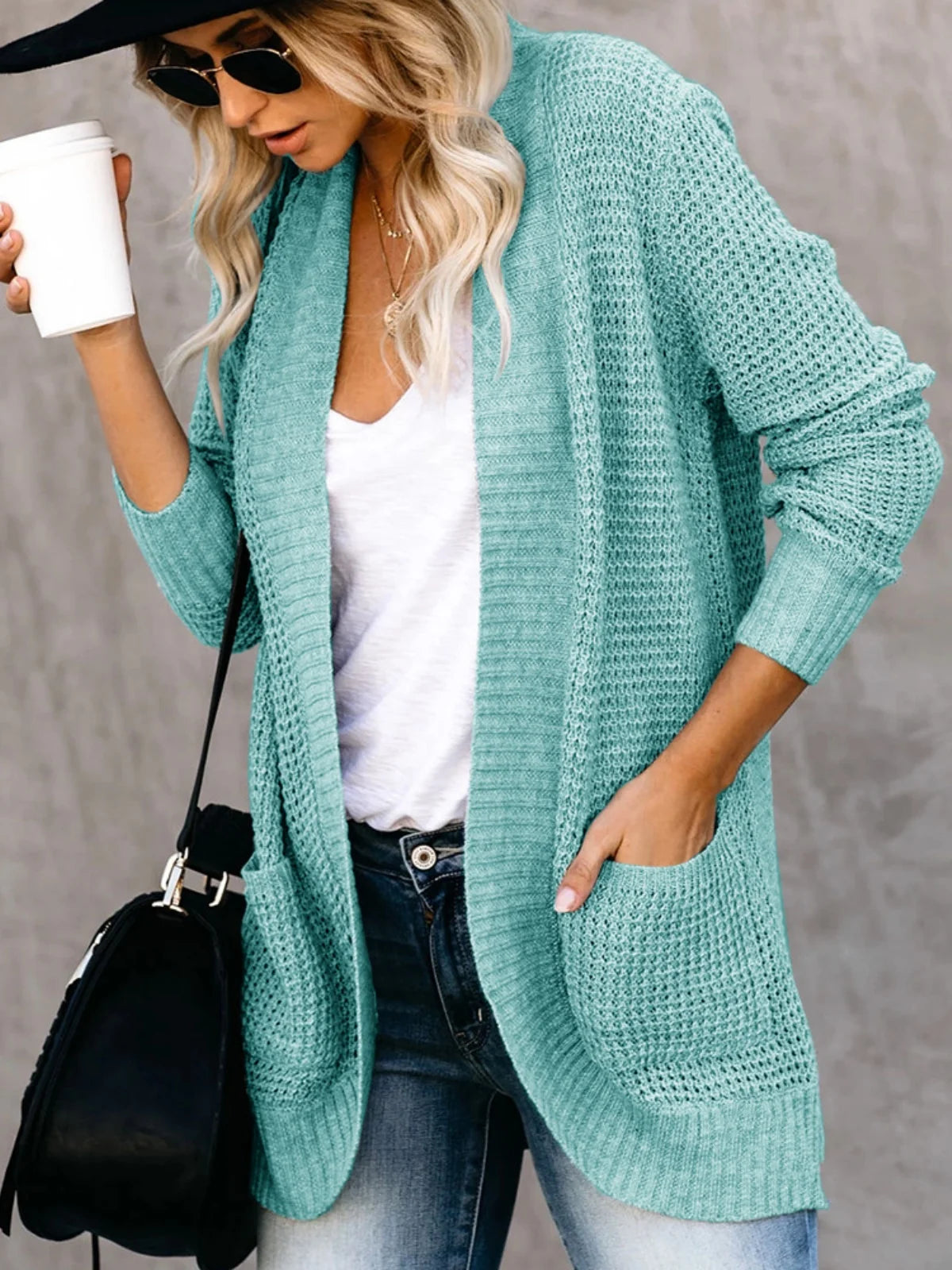 Sweater Cardigans- Cozy Waffle Knit Shawl Collar Cardigan for Women- Mint- Chuzko Women Clothing