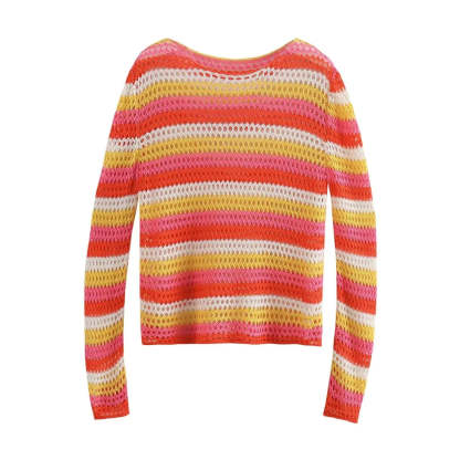 Sweaters- Boho Beauty Striped Crochet Sweater for Sunny Days- - Chuzko Women Clothing