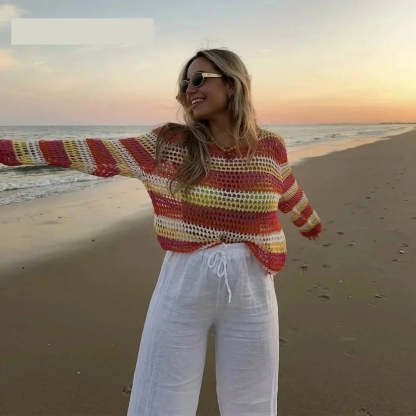 Sweaters- Boho Beauty Striped Crochet Sweater for Sunny Days- - Chuzko Women Clothing