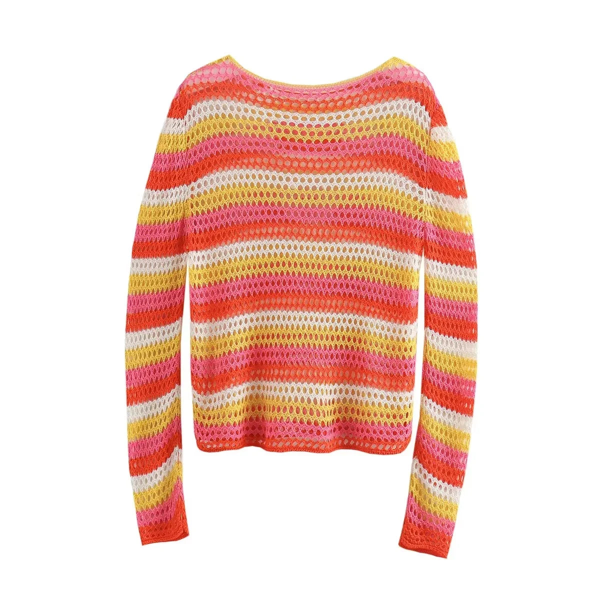 Sweaters- Boho Beauty Striped Crochet Sweater for Sunny Days- - Chuzko Women Clothing