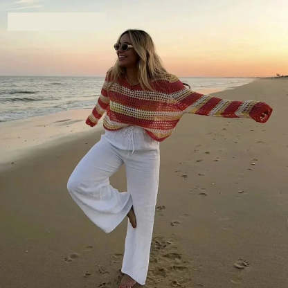 Sweaters- Boho Beauty Striped Crochet Sweater for Sunny Days- - Chuzko Women Clothing