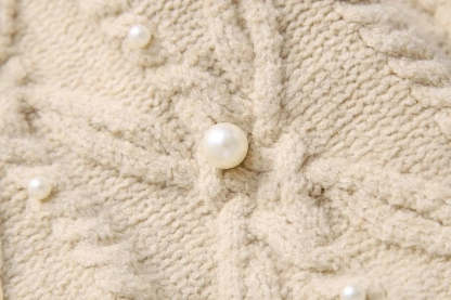 Sweaters- Elegant Pearl-Embellished Cable Knit Sweater- - Chuzko Women Clothing