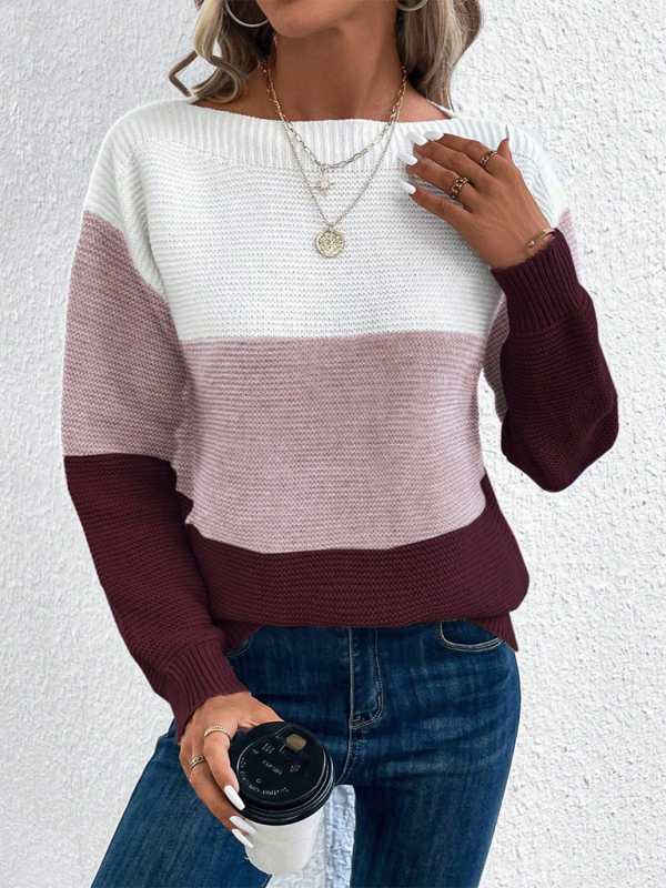 Sweaters- Women’s Cozy Loose-Fit Color-Block Sweater for Autumn Layering- Lotus root Pink- Chuzko Women Clothing