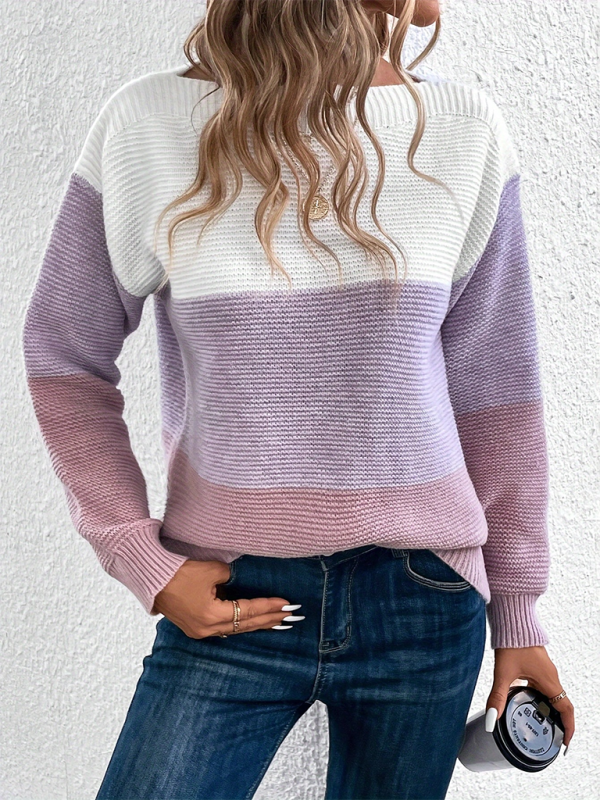 Sweaters- Women’s Cozy Loose-Fit Color-Block Sweater for Autumn Layering- Purple- Chuzko Women Clothing