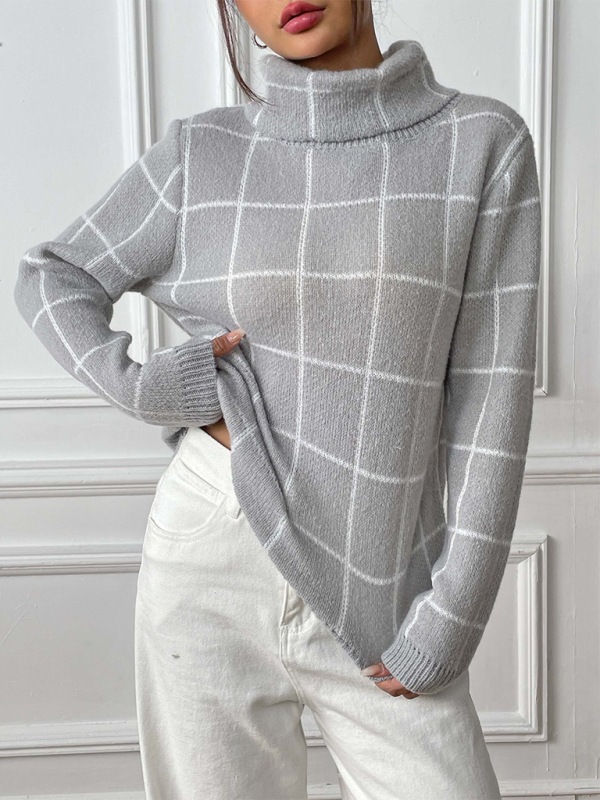 Sweaters- Women’s Cozy Plaid Turtleneck Jumper Sweater for Winter Layering- Grey- Chuzko Women Clothing