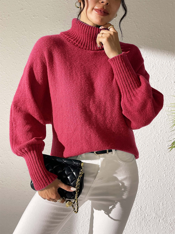 Sweaters- Women’s Solid Knitting Jumper – Warm Turtleneck Sweater for Winter- Red- Chuzko Women Clothing