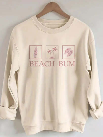 Sweatshirts- Long Sleeve Sporty Beach Bum Print Sweatshirt Pullover- Chuzko Women Clothing