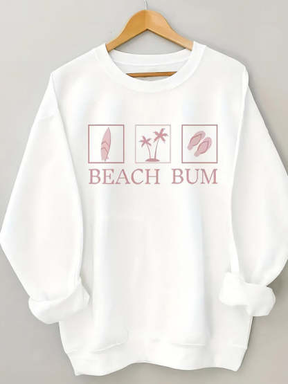 Sweatshirts- Long Sleeve Sporty Beach Bum Print Sweatshirt Pullover- Chuzko Women Clothing