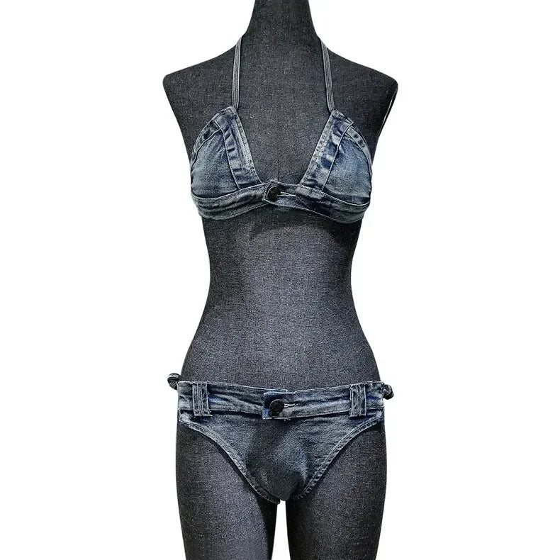 Swimwear- Summer Escapes Denim 2-Piece Swimsuit Bra & Bikini- - Chuzko Women Clothing