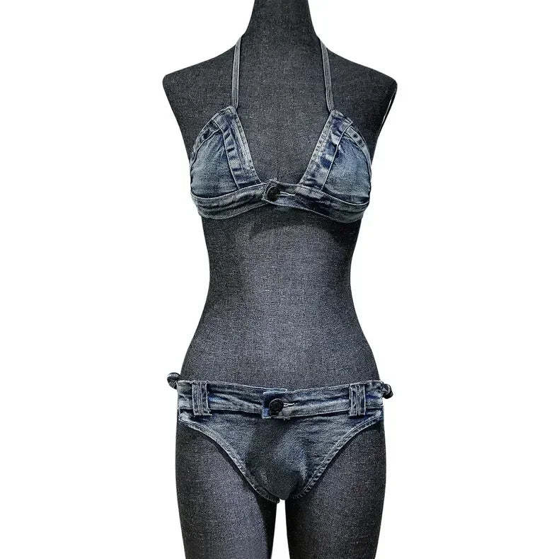 Swimwear- Summer Escapes Denim 2-Piece Swimsuit Bra & Bikini- - Chuzko Women Clothing