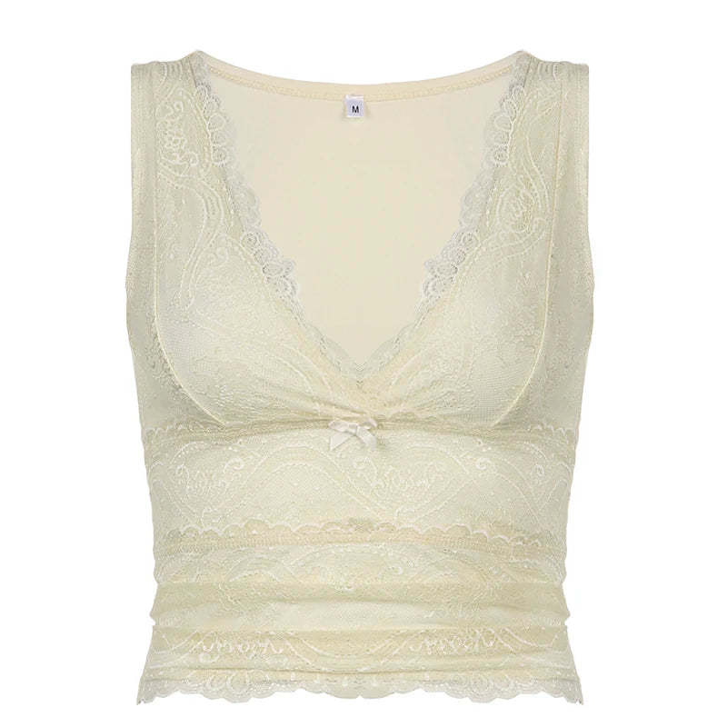 Tank Tops- Lace Overlay V-Neck Sleeveless Top for Women- Beige- Chuzko Women Clothing