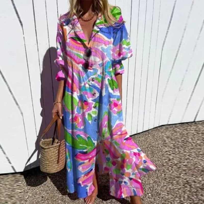 Vacation Dresses - Colorful Maxi Dress for Artsy Vacation Beach Events