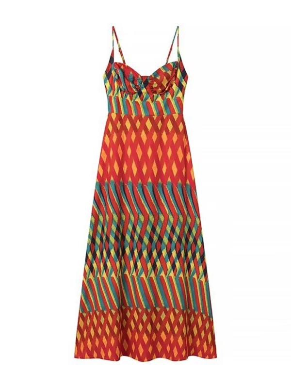 Vacation Dresses- Geometric Print Cami Maxi Dress- Red- Pekosa Women Fashion