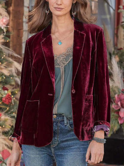 Velvet Blazers- Elegant Single-Breasted Notch Lapel Velour Velvet Blazer- Chuzko Women Clothing