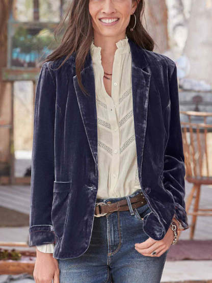 Velvet Blazers- Elegant Single-Breasted Notch Lapel Velour Velvet Blazer- Chuzko Women Clothing