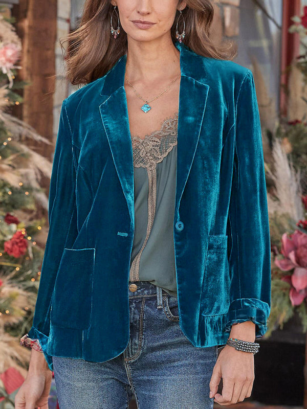 Velvet Blazers- Elegant Single-Breasted Notch Lapel Velour Velvet Blazer- Chuzko Women Clothing