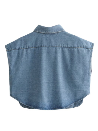 Vest- Denim Flap Crop Vest- - Chuzko Women Clothing