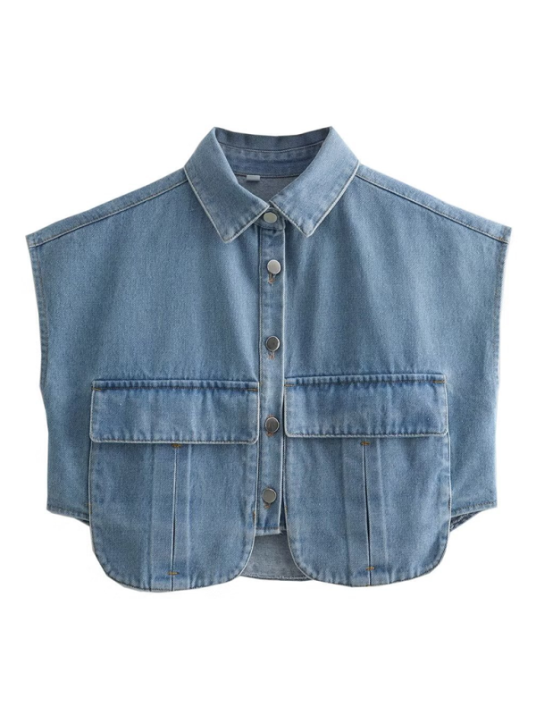 Vest- Denim Flap Crop Vest- Clear blue- Chuzko Women Clothing