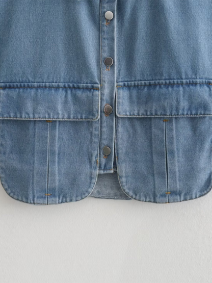 Vest- Denim Flap Crop Vest- - Chuzko Women Clothing