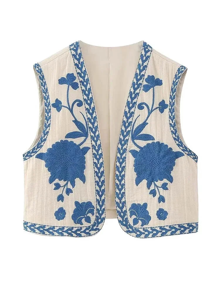 Vests- Artisanal Embroidered Cropped Waistcoat - Women Vintage Vest- as picture- Chuzko Women Clothing