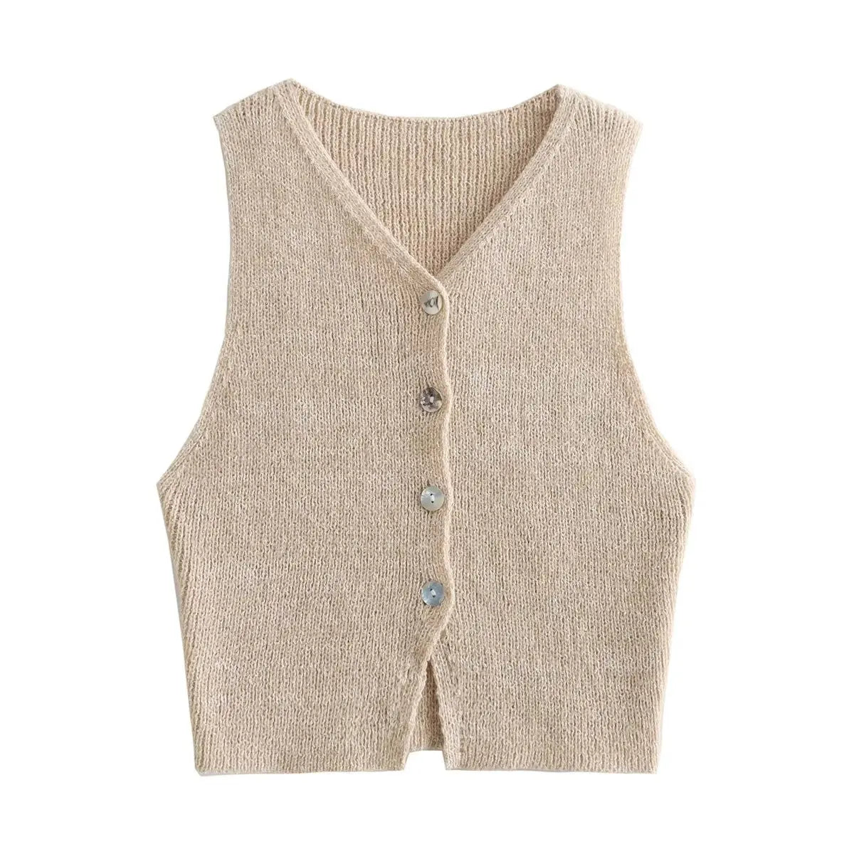 Vests- Button-Up Knit Vest Top for Women- Khaki- Chuzko Women Clothing