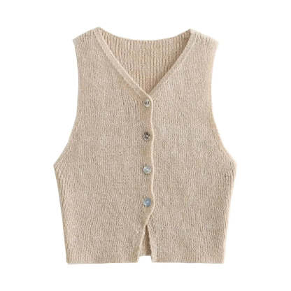 Vests- Button-Up Knit Vest Top for Women- Khaki- Chuzko Women Clothing