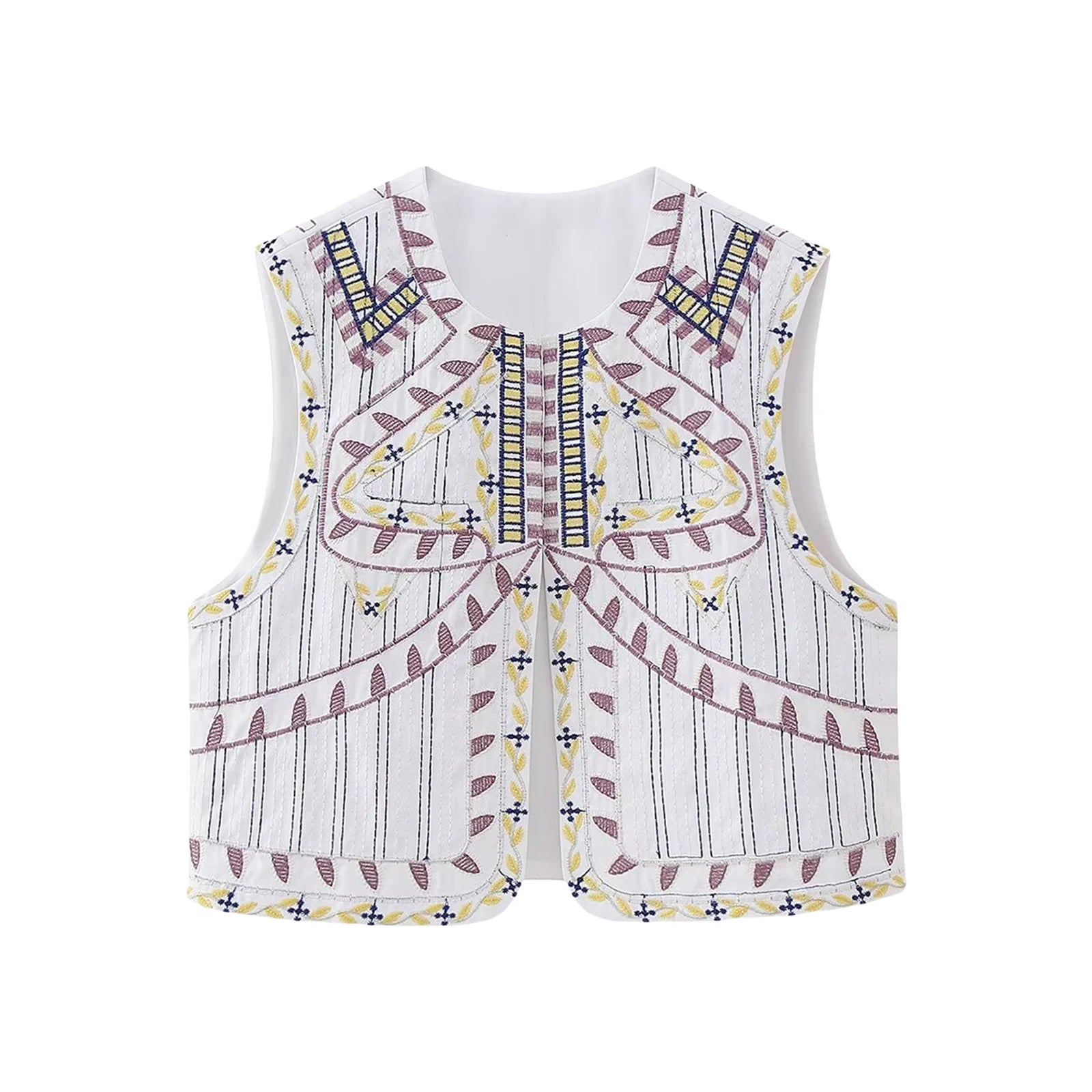 Vests- Women Boho Rhapsody Embroidered Vest Cropped Waistcoat- A-White- Chuzko Women Clothing