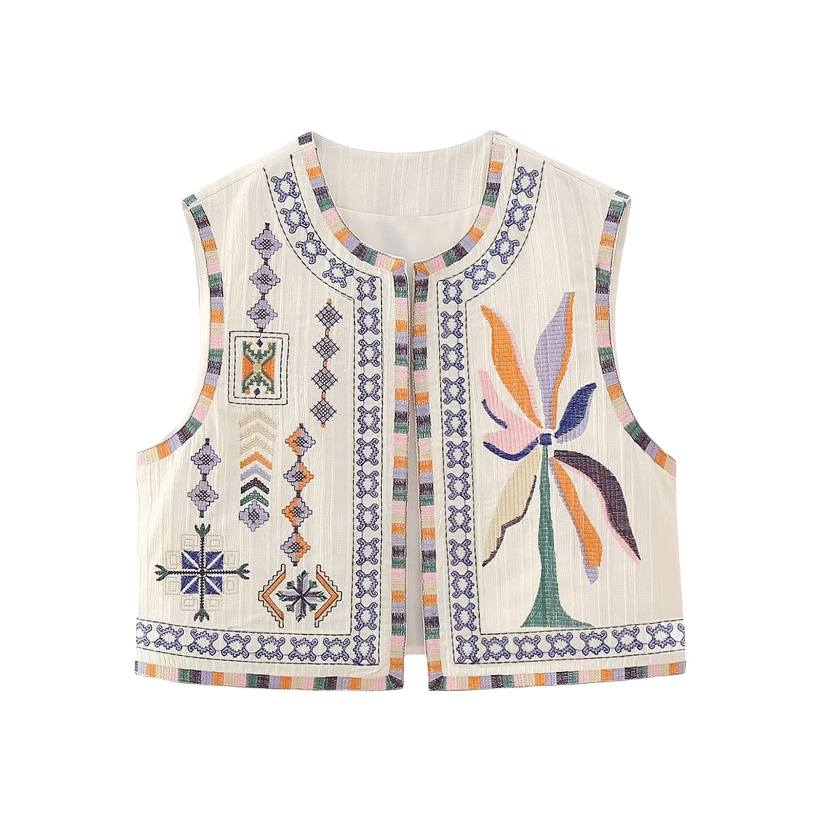 Vests- Women Boho Rhapsody Embroidered Vest Cropped Waistcoat- A-Beige- Chuzko Women Clothing