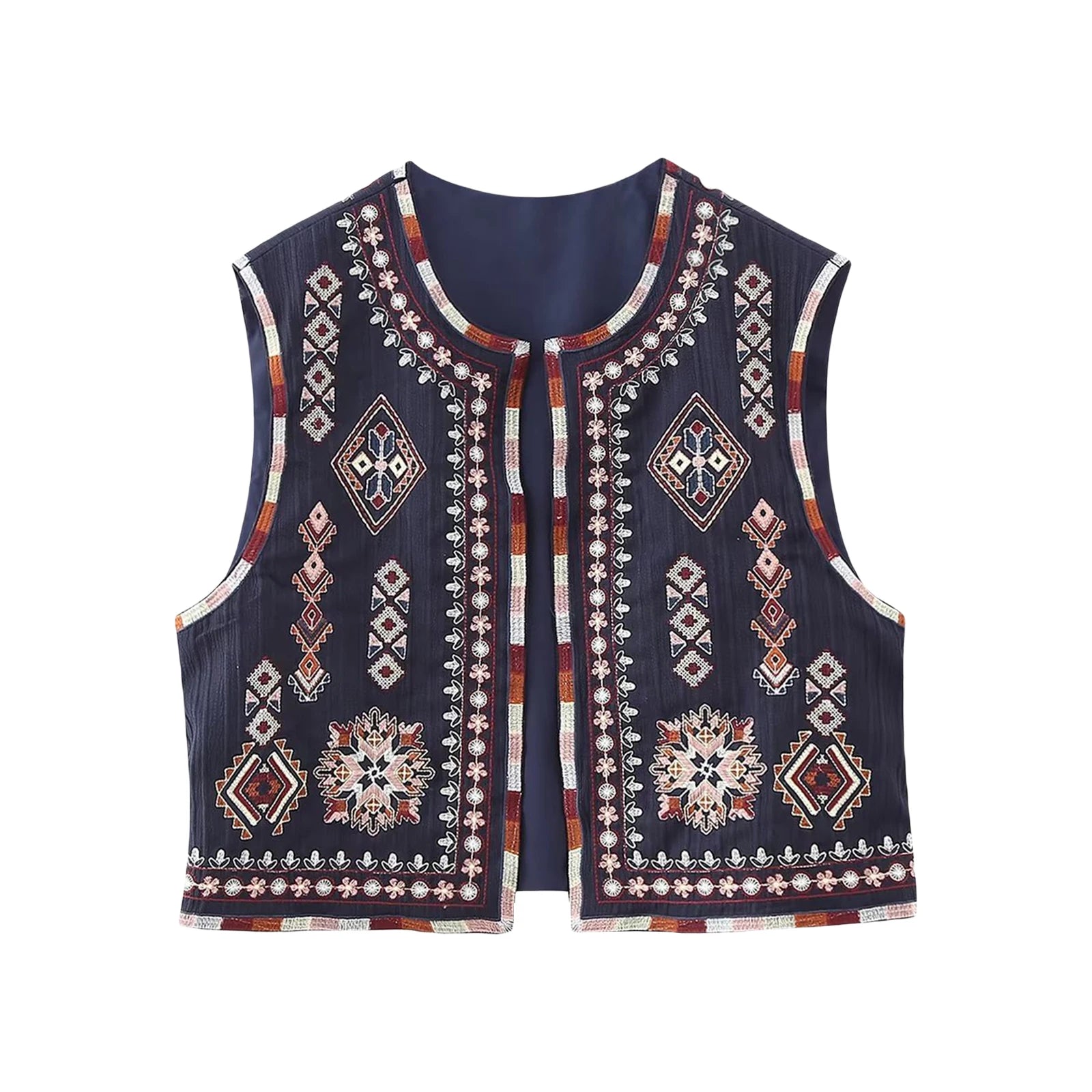 Vests- Women Boho Rhapsody Embroidered Vest Cropped Waistcoat- A-Navy Blue- Chuzko Women Clothing