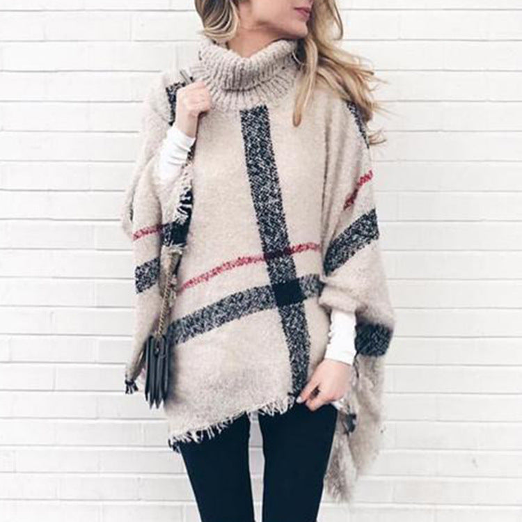 Fluffy Plaid Turtleneck Cozy Fringe Mid-Length Poncho Ponchos - Chuzko Women Clothing