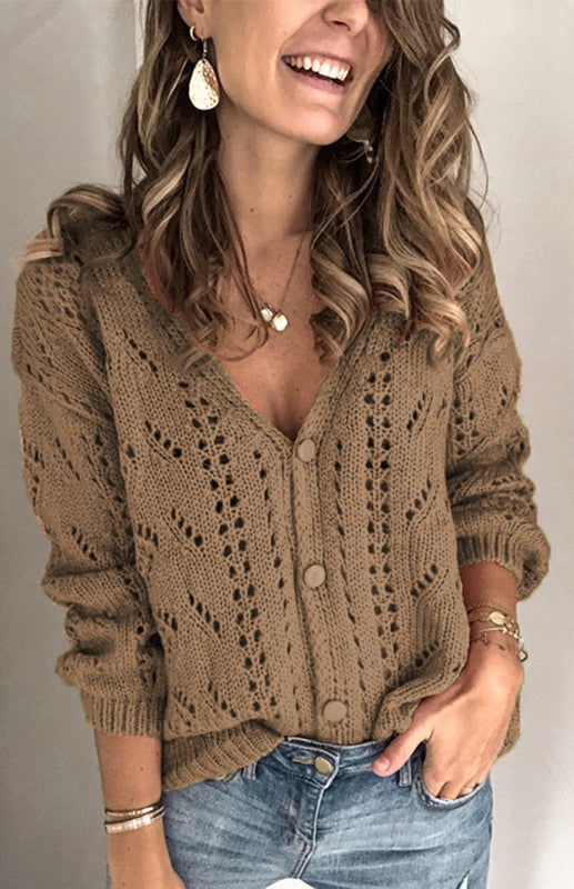 Solid Knitted Openwork Button Up Sweater Cardigan Cardigans - Chuzko Women Clothing