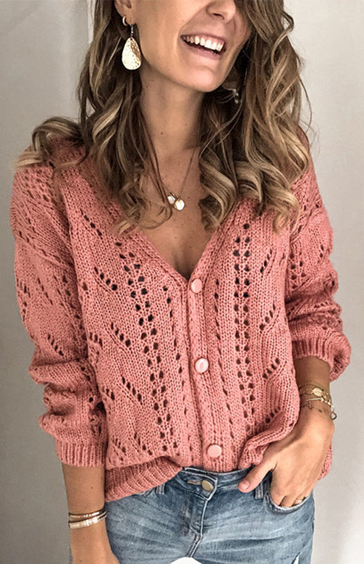 Solid Knitted Openwork Button Up Sweater Cardigan Cardigans - Chuzko Women Clothing