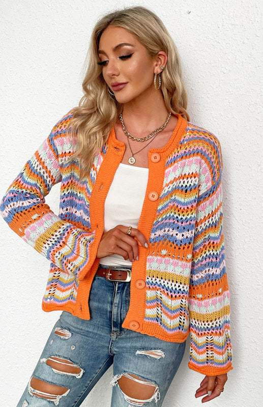 Rainbow Crochet Button-down Sweater Sweaters - Chuzko Women Clothing