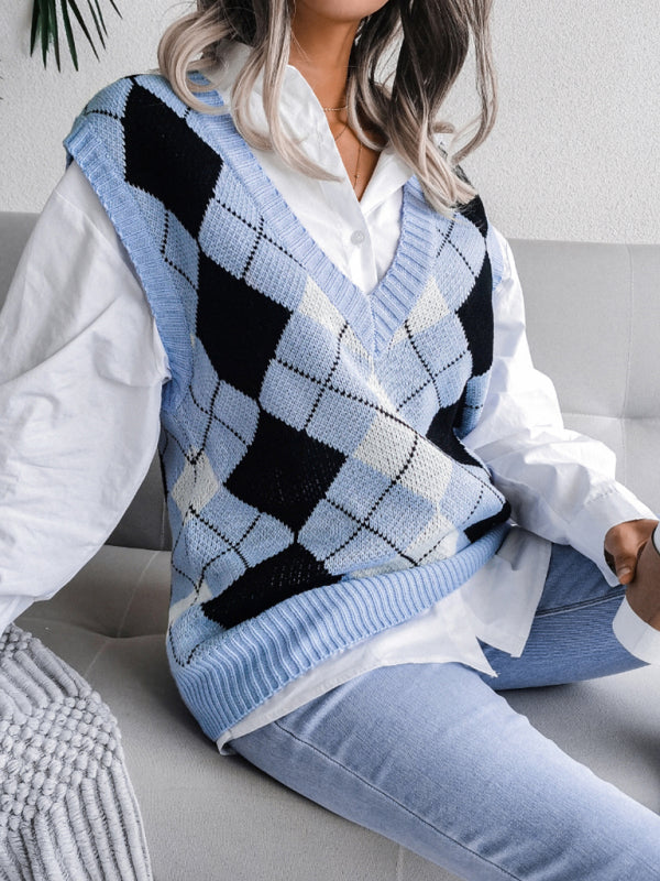 Diamond Knitted V Neck Sweater - Ribbed Vest Sweater Vests - Chuzko Women Clothing